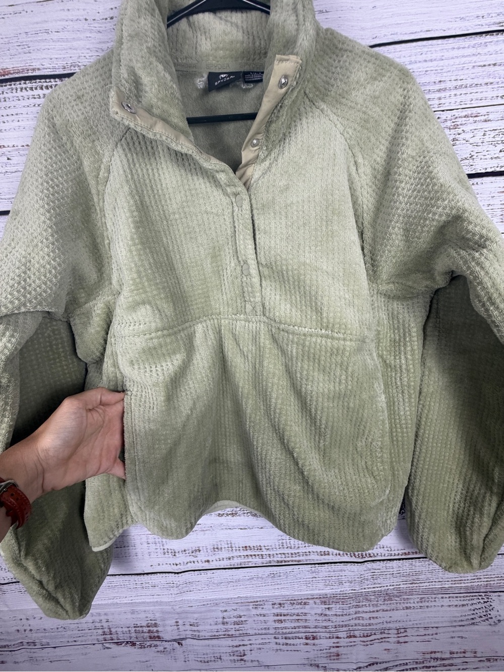 Spyder Women’s Sage Green Waffle Fleece Pullover Half Snap Pockets - Picture 5 of 9